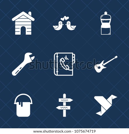 Premium set with fill icons. Such as paper, arrow, tool, broom, pigeon, wrench, internet, book, creative, color, equipment, building, estate, white, guitar, home, house, music, heart, dove, origami