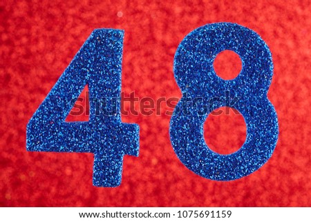 Number forty-eight blue color over a red background. Anniversary. Horizontal