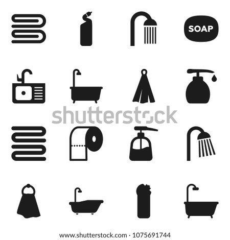 Flat vector icon set - soap vector, towel, bath, liquid, cleaning agent, toilet paper, shower, sink