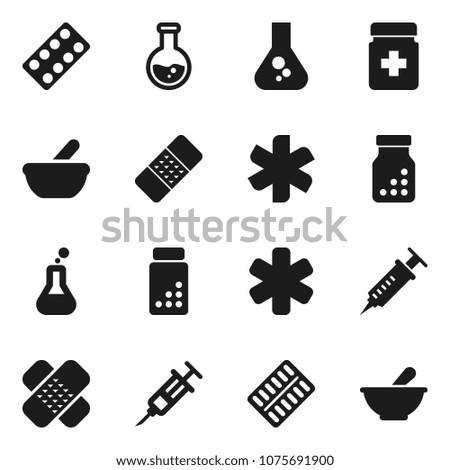 Flat vector icon set - flask vector, pills vial, ambulance star, syringe, patch, bottle, blister, mortar