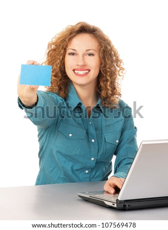A smiling woman with a laptop and a blue small blank on white