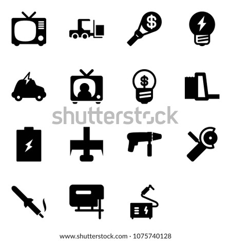 Solid vector icon set - tv vector, fork loader, money torch, idea, electric car, news, business, water power plant, battery, milling cutter, drill machine, Angular grinder, soldering iron, jig saw