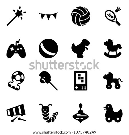 Solid vector icon set - Magic wand vector, flag garland, volleyball, badminton, joystick, ball, dinosaur toy, rocking horse, teethers, stick, game console, wheel, xylophone, caterpillar, wirligig