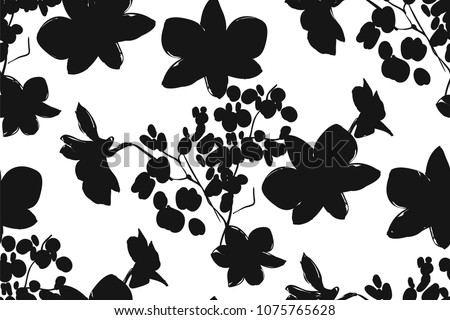 Floral seamless pattern with different flowers and leaves. Black and white Botanical illustration  hand painted. Textile print, fabric swatch, wrapping paper.