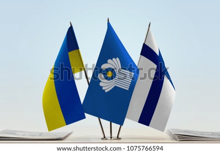 Flags of Ukraine CIS and Finland. Cloth of flags is 3d rendering, the rest is a photo.