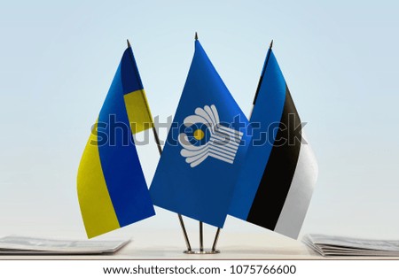 Flags of Ukraine CIS and Estonia. Cloth of flags is 3d rendering, the rest is a photo.