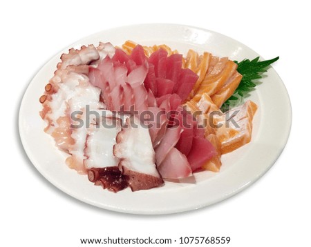 Sashimi the raw fish the most popular Japanese food, Close up picture in restaurant on white screen