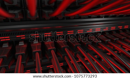 Close-up view of modern internet network switch with plugged ethernet cables. Blinking red lights on internet server.   Royalty-Free Stock Photo #1075773293