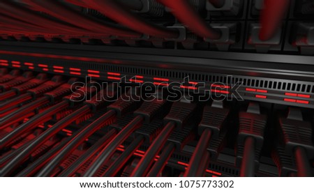 Close-up view of modern internet network switch with plugged ethernet cables. Blinking red lights on internet server.  