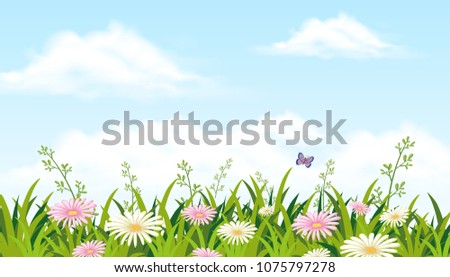 A Beautiful Flower Field with Butterfly illustration
