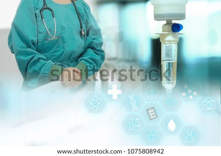 surgery doctor and saline drip solution with medical icons in science hexagon at operating room background.