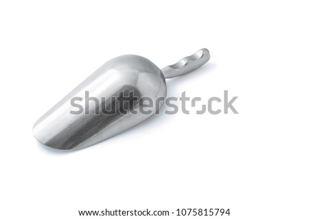 Stainless metal scoop isolated on a white background with natural shadow and include clipping path. Scoop is used in cooking, Ice, Ice cream, Sugar, Coffee, Bean, or Flour 
