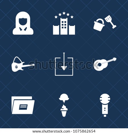 Premium set with fill icons. Such as shovel, bed, microphone, travel, song, white, guitar, voice, young, concert, equipment, ice, lady, machine, music, paper, document, room, karaoke, female, sign