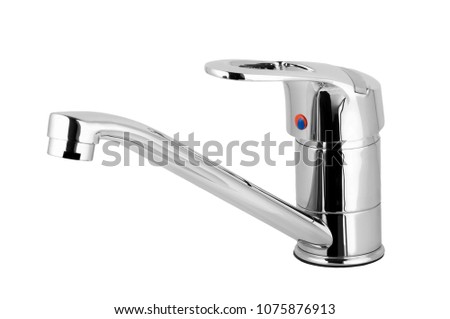 Water tap, chrome-plated metal faucet for the bathroom, kitchen mixer cold hot water. plumbing. Isolated on a white