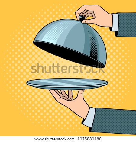 Dish plate with cloche pop art retro vector illustration. Color background. Comic book style imitation.