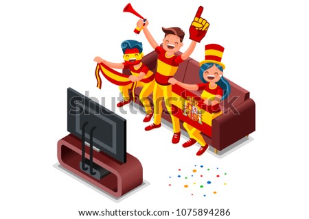 Russia 2018 world cup, Spanish football supporters. Cheerful soccer supporters crowd and Spain flag. Flat Isometric people celebrating Spanish national day.  Illustration web banner, hero images