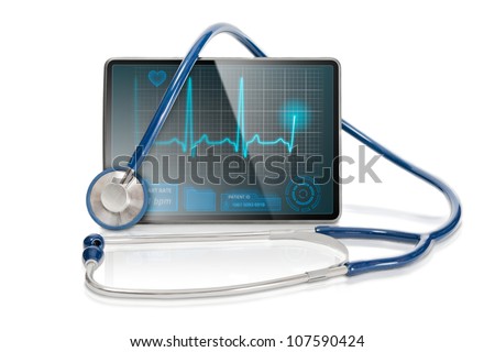 Medical tablet showing cardiogram on display and a blue stethoscope, isolated on white background.