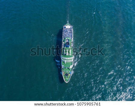 Passenger ship. Blue sea,  A bird's eye view.