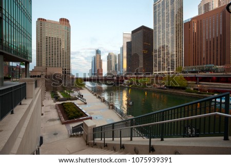 Chicago River mouth and downtown skyline, Chicago, Illinois, USA