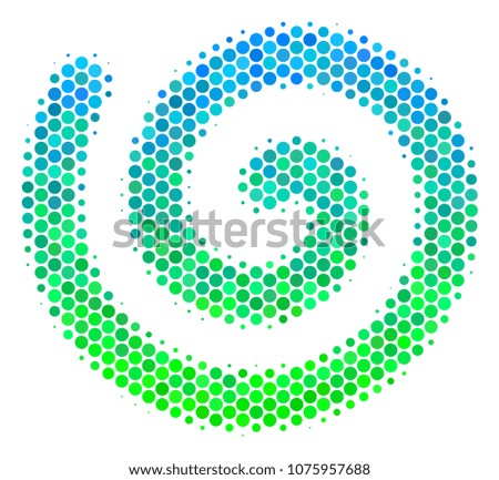 Halftone dot Spiral icon. Icon in green and blue shades on a white background. Raster mosaic of spiral icon composed of sphere blots.