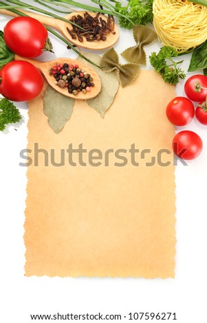 paper for recipes,vegetables and spices, isolated on white