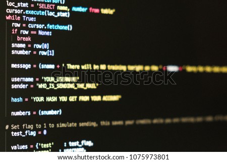 Information technology concept. Coding script text on screen. Programming code abstract screen