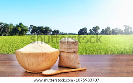 Jasmine Rice (Thai rice) in Wooden bowl and sackcloth burlap on vintage wooden desk table with the green rice field and sunlight in background.Copy space for text.             Royalty-Free Stock Photo #1075983707
