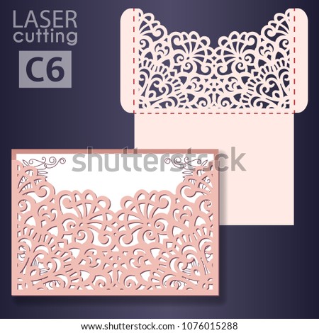 Laser cut wedding invitation card template vector. Wedding invitation or greeting pocket envelope with abstract ornament. Open card. Suitable for greeting cards, invitations, menus.