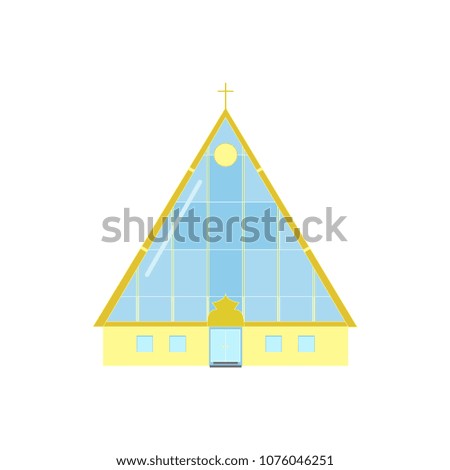 Architecture of modern urban church. Exterior facade of church of christian religion. Cartoon illustration of concept glass city construction