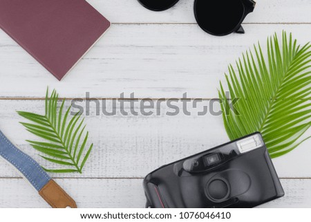 Sunglasses, film camera and passport with fern leaves on white wood background with copy space