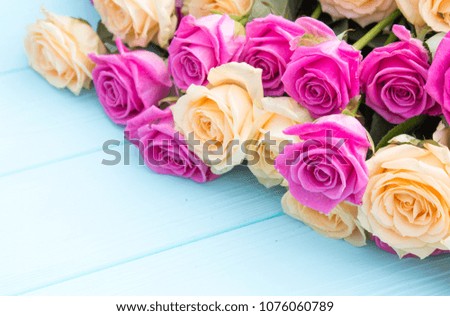 Beautiful roses on a turquoise (blue) background. Roses and pearls on a wooden background
