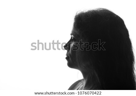 Portrait of a young woman looking up - horizontal silhouette on white background