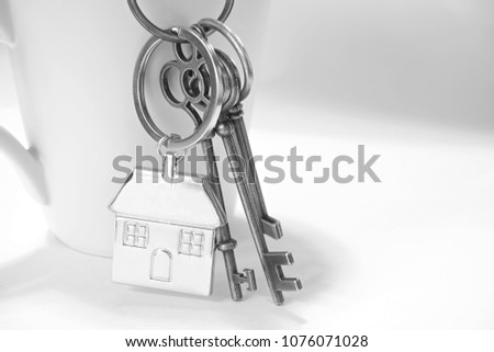 Home key with house keyring hanging on white cup of coffee with white background, high key, free space