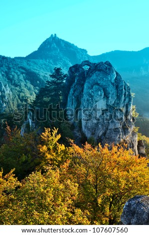 Autumn nature, rock landscape in blue and yellow