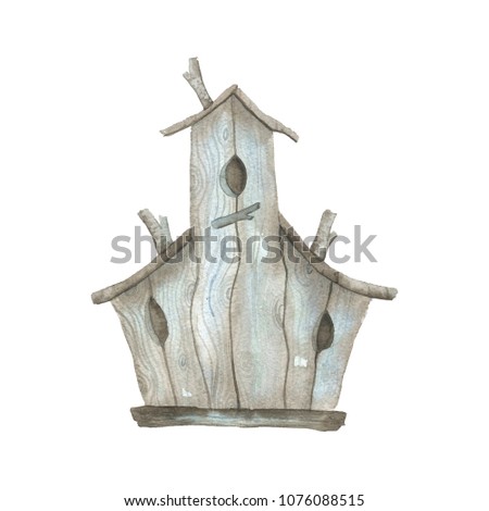Collection of watercolor colorful birdhouses, cute birds and nests illustrations, hand drawn isolated on a white background. Set