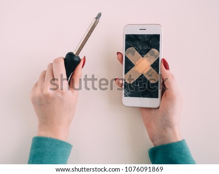 Broken screen with plaster of white smartphone. white background