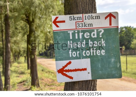 A green and white sign with red arrows pointing into multiple directions stating tired? Head back for coffee with 5, 10 and 33 km trails on a tree near a meadow and an asphalt road