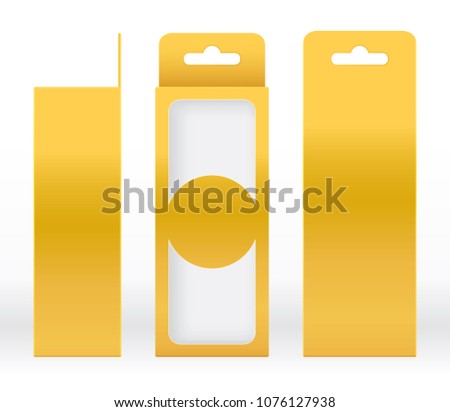 Hanging Box Gold window shape cut out Packaging Template blank. Luxury Empty Box Golden yellow Template design product package gift box, Yellow Gold Box packaging paper kraft cardboard package(Vector)