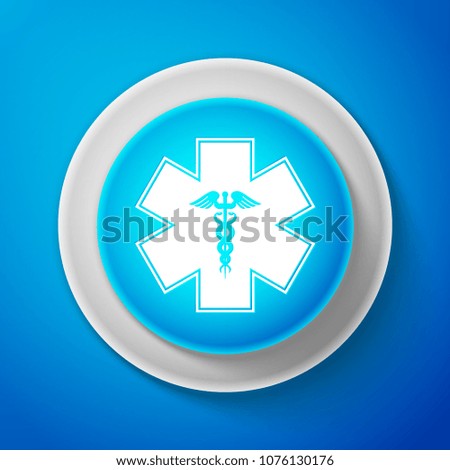 White Emergency star - medical symbol Caduceus snake with stick icon isolated on blue background. Star of Life. Circle blue button with white line. Vector Illustration