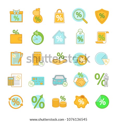 Percents color icons set. Discount offers, real estate mortgages, banking, saving money. Isolated vector illustrations