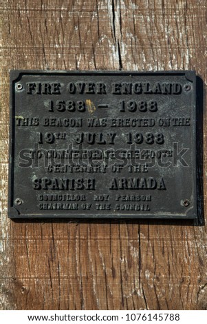 The commemorative plaque on the beacon monument in the market town of Rayleigh in Essex, erected in 1988 to commemorate the 400th Anniversary of the Spanish Armada. 