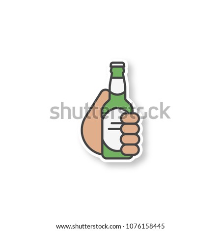 Hand holding beer bottle patch. Cheers. Toasting hand. Color sticker. Vector isolated illustration