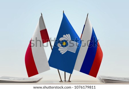 Flags of Poland CIS and Russia. Cloth of flags is 3d rendering, the rest is a photo.