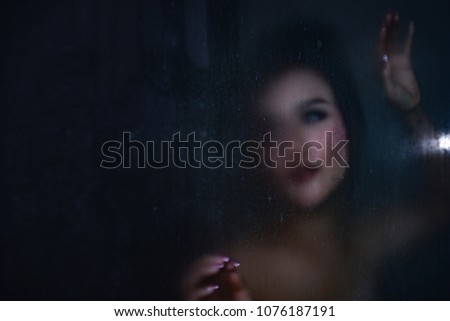 Ghost in the house, ghost in bathroom, mystical and fantasy style, blur picture, scary and mysterious, fantasy story woman in bathroom.
