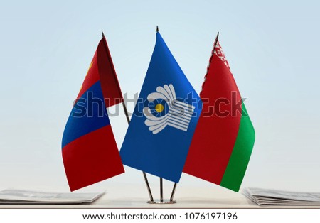 Flags of Mongolia CIS and Belarus. Cloth of flags is 3d rendering, the rest is a photo.