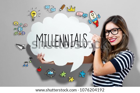 Millennials text with young woman holding a speech bubble