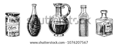 Olive oil of trees in bottle and jars with stickers and emblems. Organic vegetarian product. Black fruit for cooking food. Engraved hand drawn in old vintage sketch. Vector illustration.