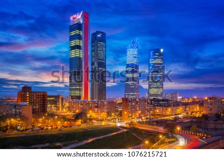 Madrid, Spain financial district skyline at twilight in madrid city.