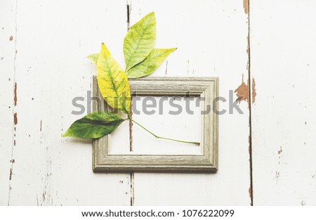 Autumn composition leaves green and yellow, photo frame, on a white wooden background