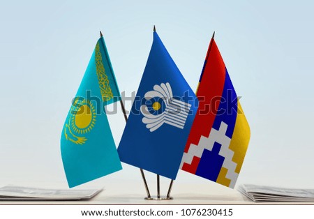 Flags of Kazakhstan CIS and Nagorno-Karabakh. Cloth of flags is 3d rendering, the rest is a photo.